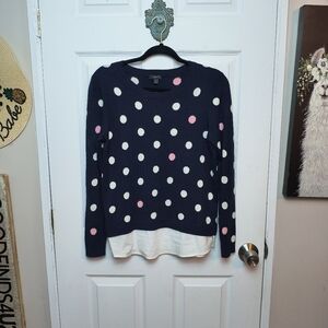 Talbots Size Petite S Sweater Polka Dot Navy White Pink Shirt-tail Hem
